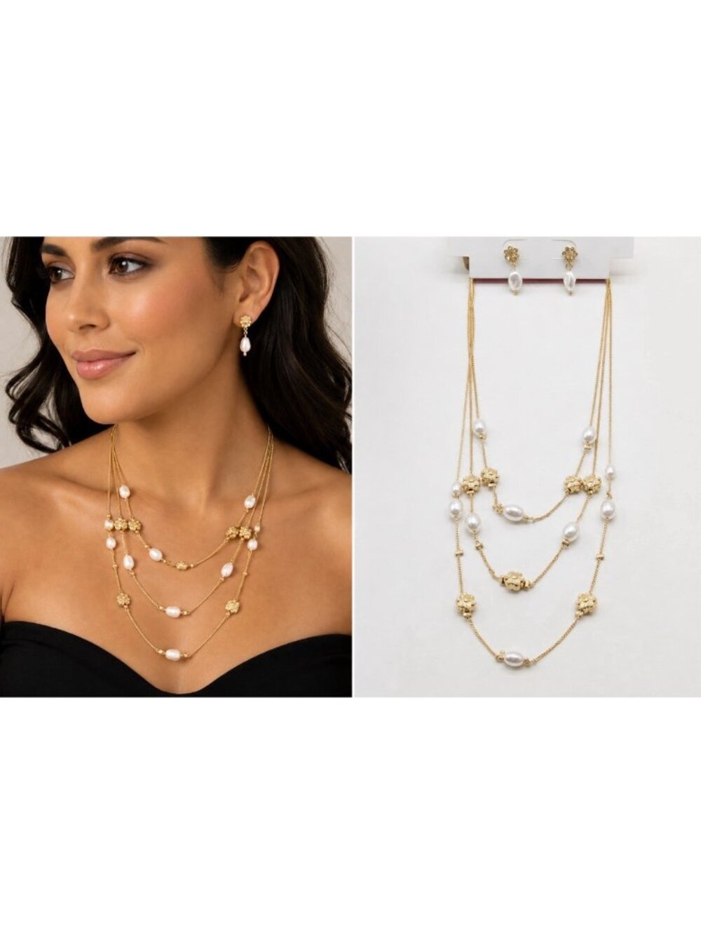 NWT Isaac Mizrahi Faux Pearl Flowers Dainty Pearl Golden Earring & Necklace SET